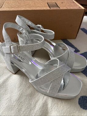 Silver Glitter Block Heel Sandals - Women